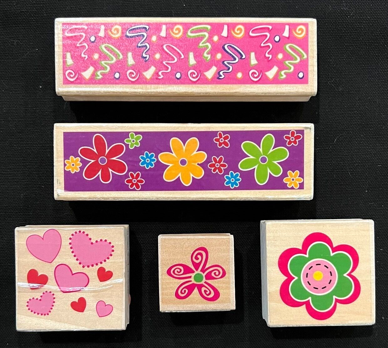RUBBER INK STAMPS - Border Stamps, Flowers, Hearts  (5 stamps)