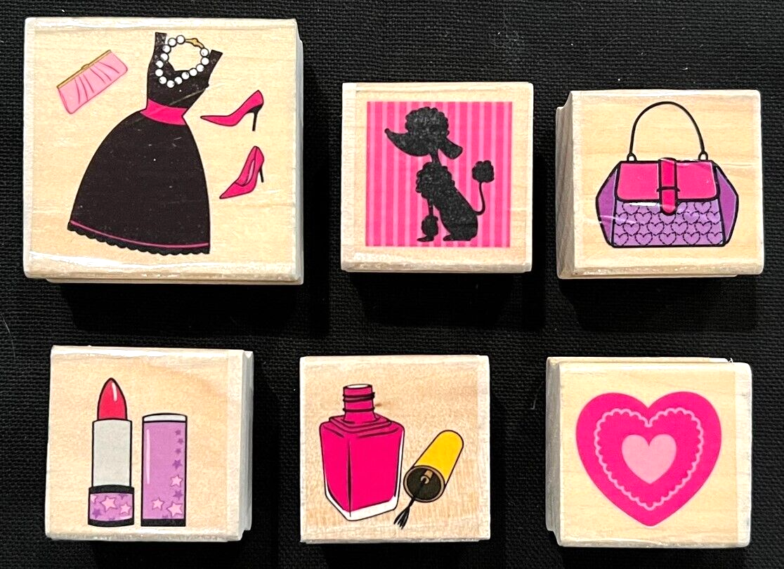 RUBBER INK STAMPS - Dress, Make-up, Purse, Poodle, Heart  (6 stamps)