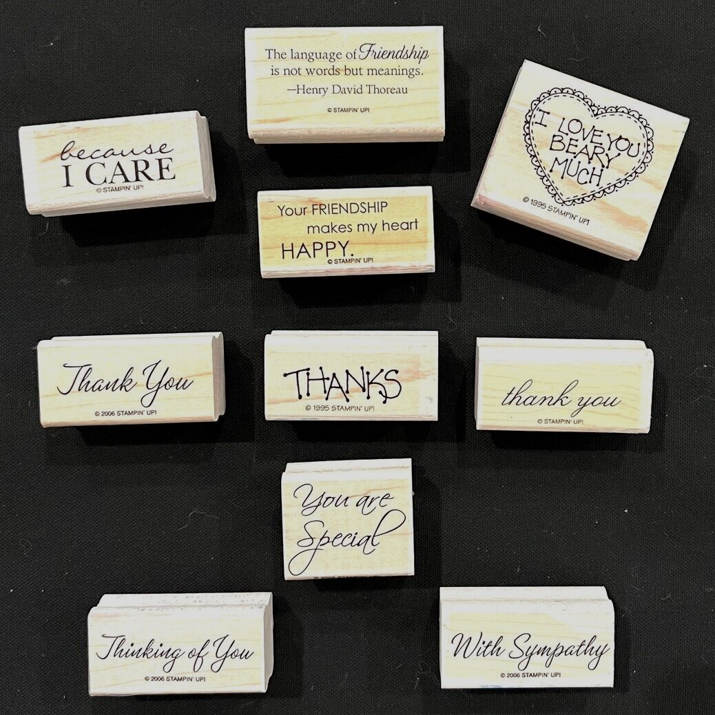 RUBBER INK STAMPS - Phrases, Thank You, Messages  (10 stamps)