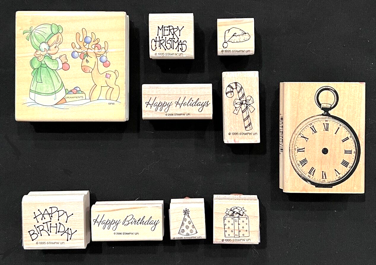RUBBER INK STAMPS - Christmas, Happy Birthday, Pocket Watch (10 stamps)