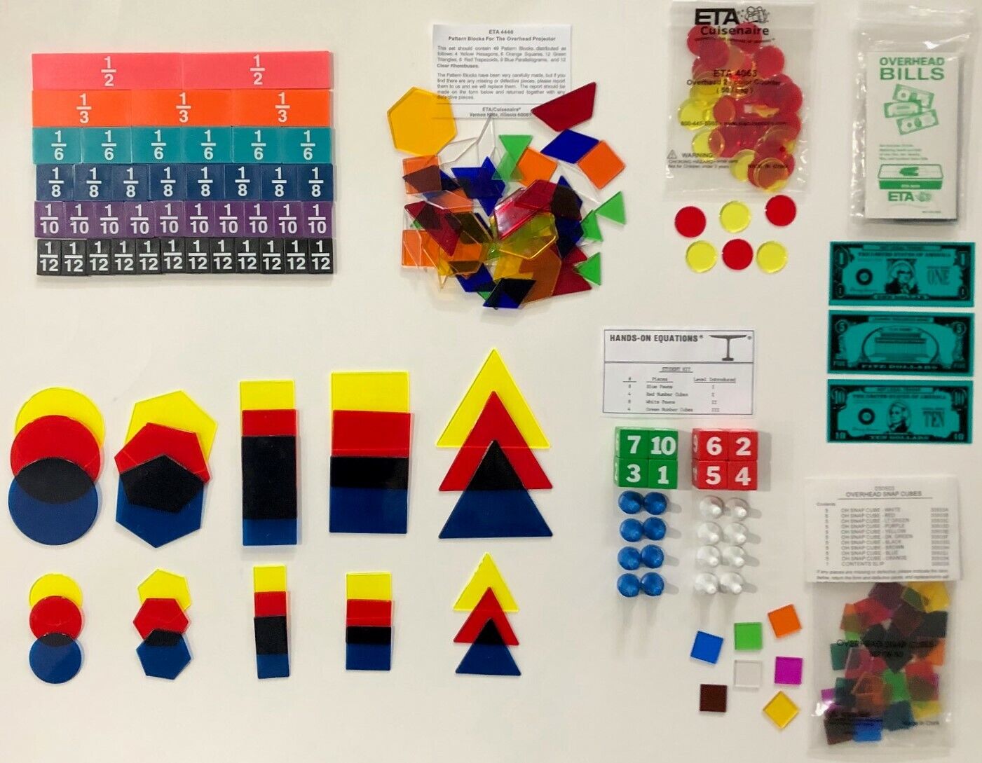 ETA Cuisenaire Manipulatives (fractions, overhead pieces, dice & pawns, etc.)